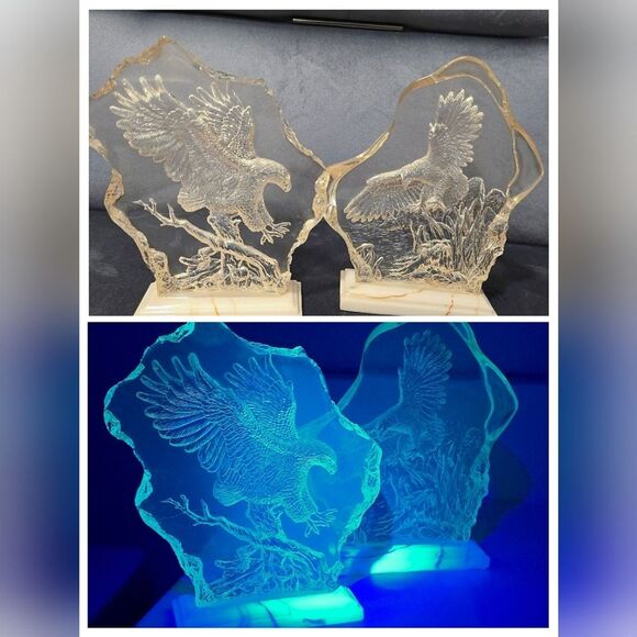 Vintage Lucite Carved Eagle Sculptures Paperweights glow under ultraviolet - Picture 1 of 7